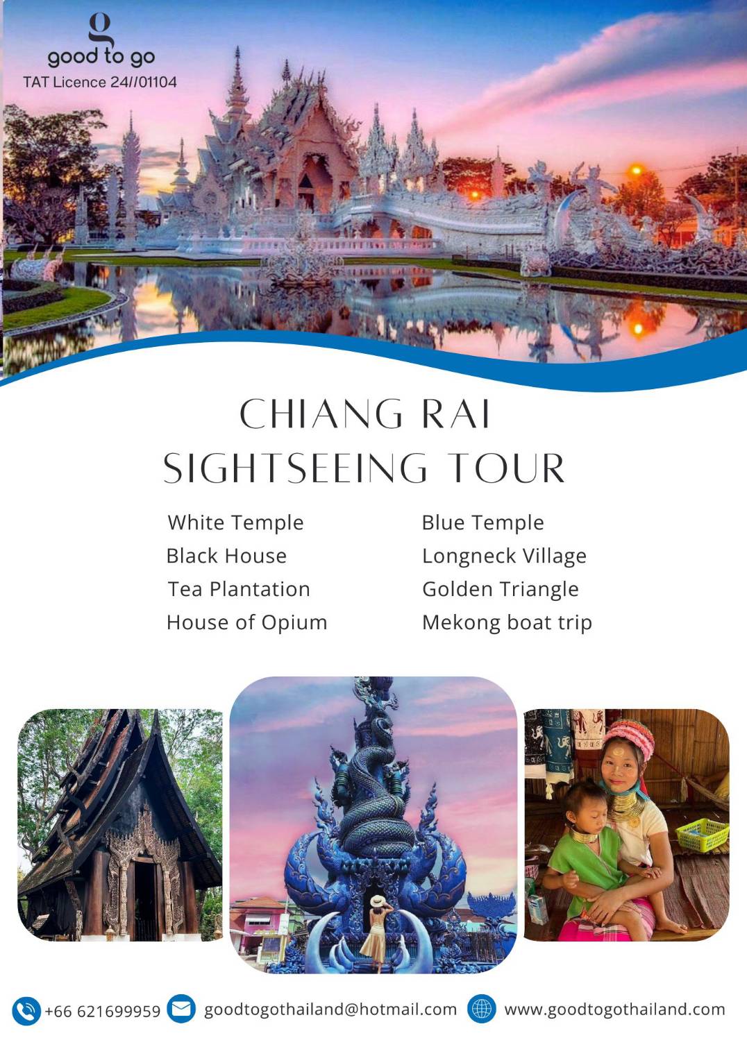 Wat Rong Khun (White Temple) in Chiang Rai with stunning white façade and reflecting pond.